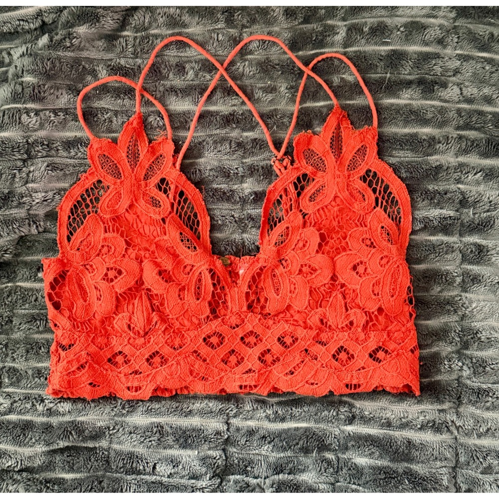 Free People Adella Bralette Small Coral Red Lace Boho Crochet Cottagecore